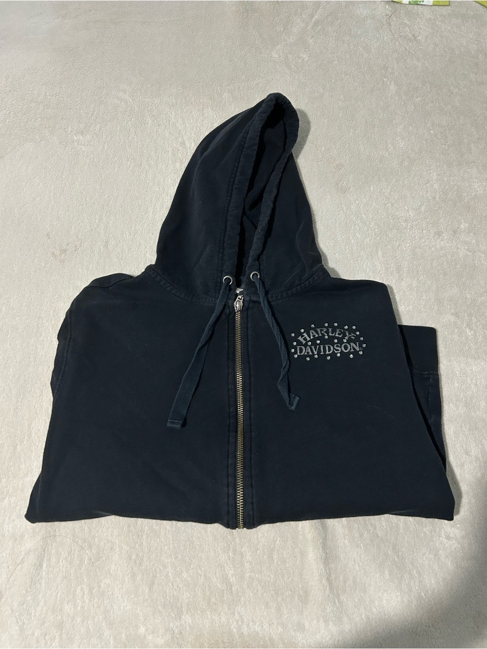 Harley-Davidson Black Hoodie with Bedazzled Skull Design